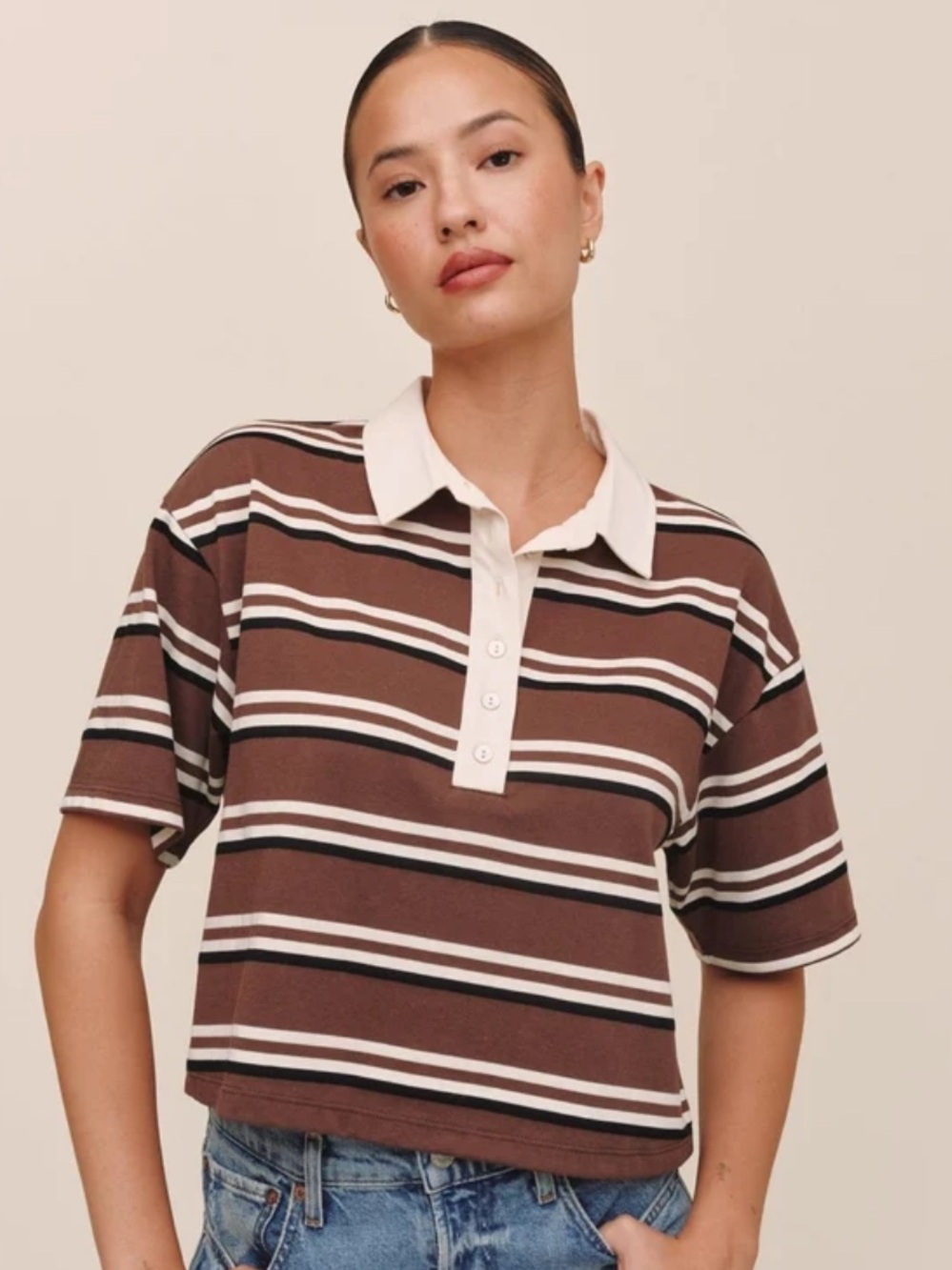 Bella Dahl Crop Polo Tee - Rugby Stripe - Small
